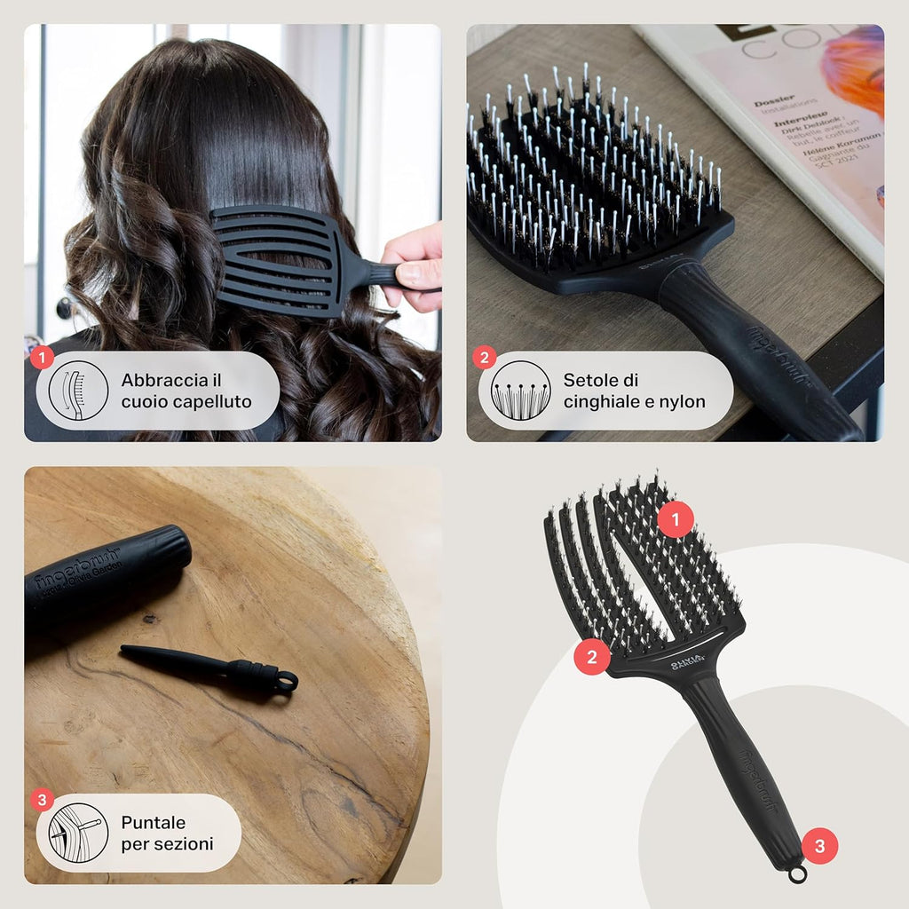 Fingerbrush Care Iconic - Grande - Nero - Spazzola Districante in Setole Di Cinghiale & Nylon per Capelli Sani E Brillanti