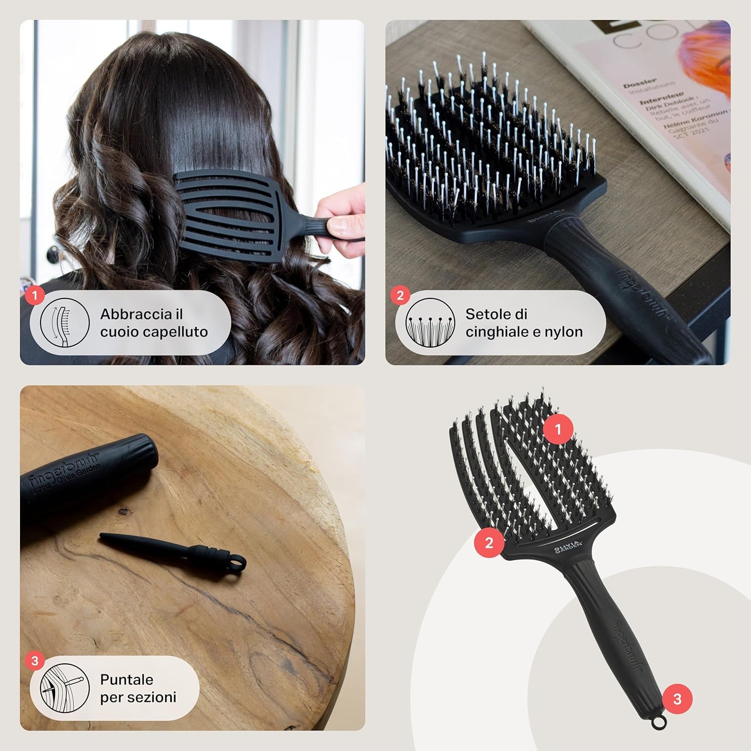 Fingerbrush Care Iconic - Grande - Nero - Spazzola Districante in Setole Di Cinghiale & Nylon per Capelli Sani E Brillanti