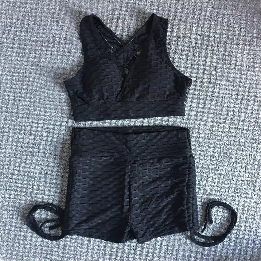 QK 2025 Pad Summer Women 2PCS Scrunch Booty Shorts Yoga Sets Gym Suits Workout Sports Bra Active Wear Outfits Fitness Suits