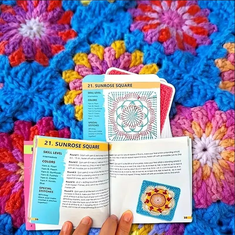1 Set Crochet Granny Square Kit for Beginners - 50 Mixed Patterns, All-Season Winter Craft Set, Instructional Cards Included, Colorful Paper Material Creative Projects Durable Vibrant
