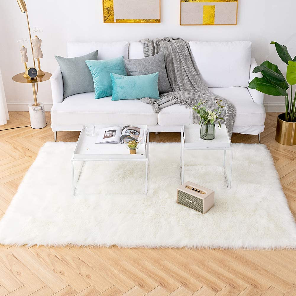 6X9 Large White Shaggy Faux Sheepskin Area Rug – Soft, Luxury White Fur Floor Mat, Bedside Carpet for Bedroom & Living Room
