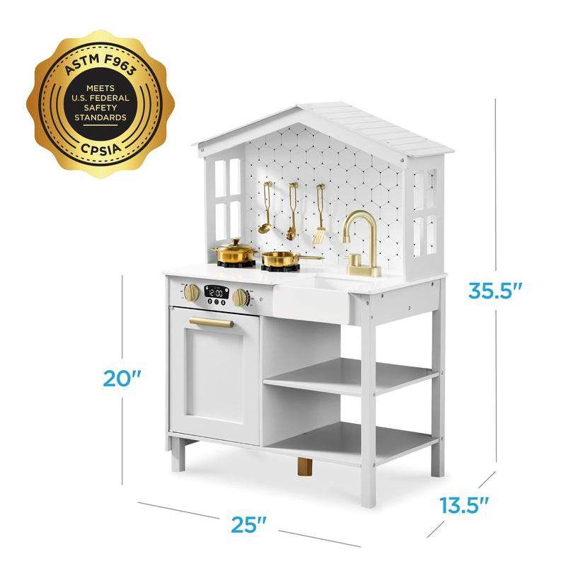 Best Choice Products Pretend Play Wooden Farmhouse Kitchen Set W/ Storage, Clicking Knobs, 5 Accessories
