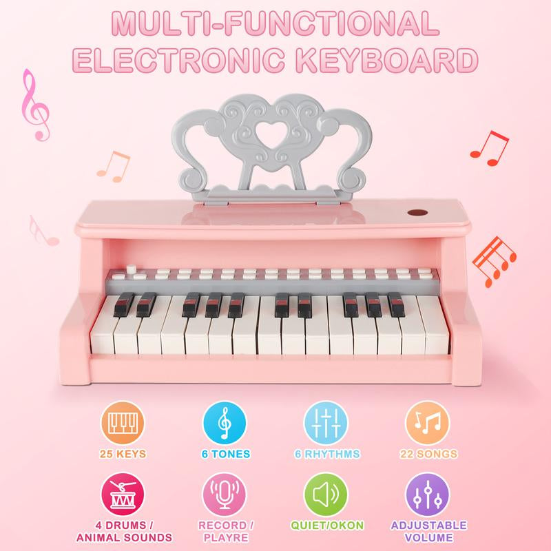 Deao Piano Toy Piano Keyboard Toy, 25 Keys Music Toy Instruments with Microphone, Piano Toys Birthday Xmas Gift, Pink Fun