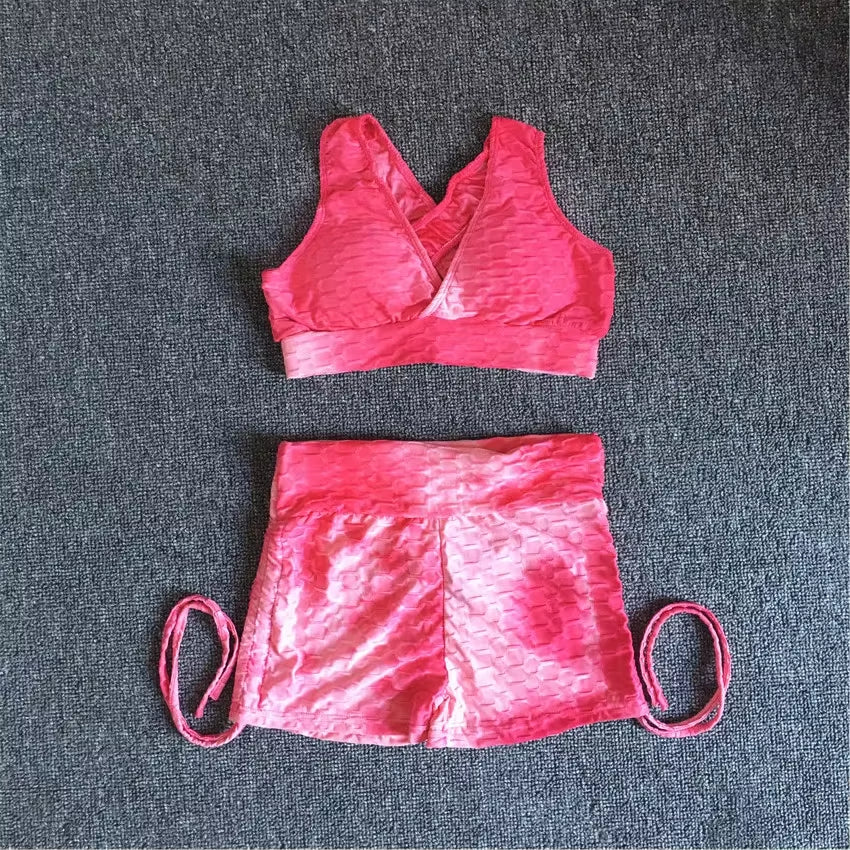 QK 2025 Pad Summer Women 2PCS Scrunch Booty Shorts Yoga Sets Gym Suits Workout Sports Bra Active Wear Outfits Fitness Suits