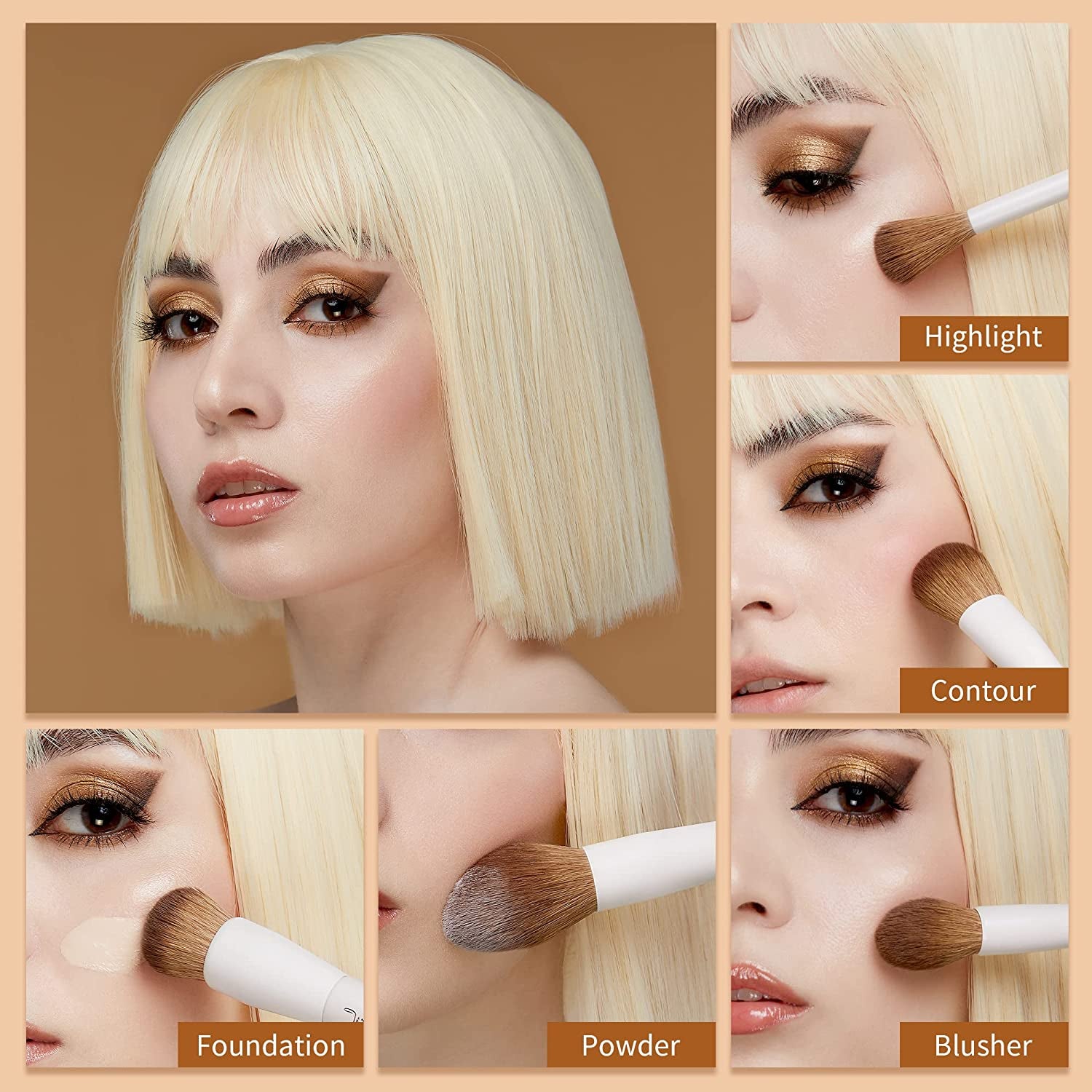 Pennelli Da Trucco, 14 Pezzi, Pennelli Sintetici Di Alta Qualità, per Contouring, Correttore, Fondotinta, Ombretto, Sfumatura, Cipria, Fard, Grigio Chiaro, T329