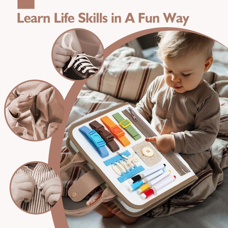 Hahaland Montessori Busy Board for Toddlers 2-4 Muted Color Dinosaur Theme - 2 Year Old Boy Toys Birthday Gift - Travel Toys - Dinosaur, Alphabet, Number, Shape, Drawing, Life Skills