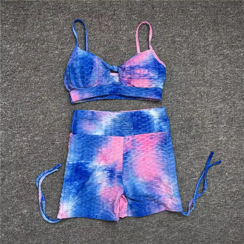 QK 2025 Pad Summer Women 2PCS Scrunch Booty Shorts Yoga Sets Gym Suits Workout Sports Bra Active Wear Outfits Fitness Suits