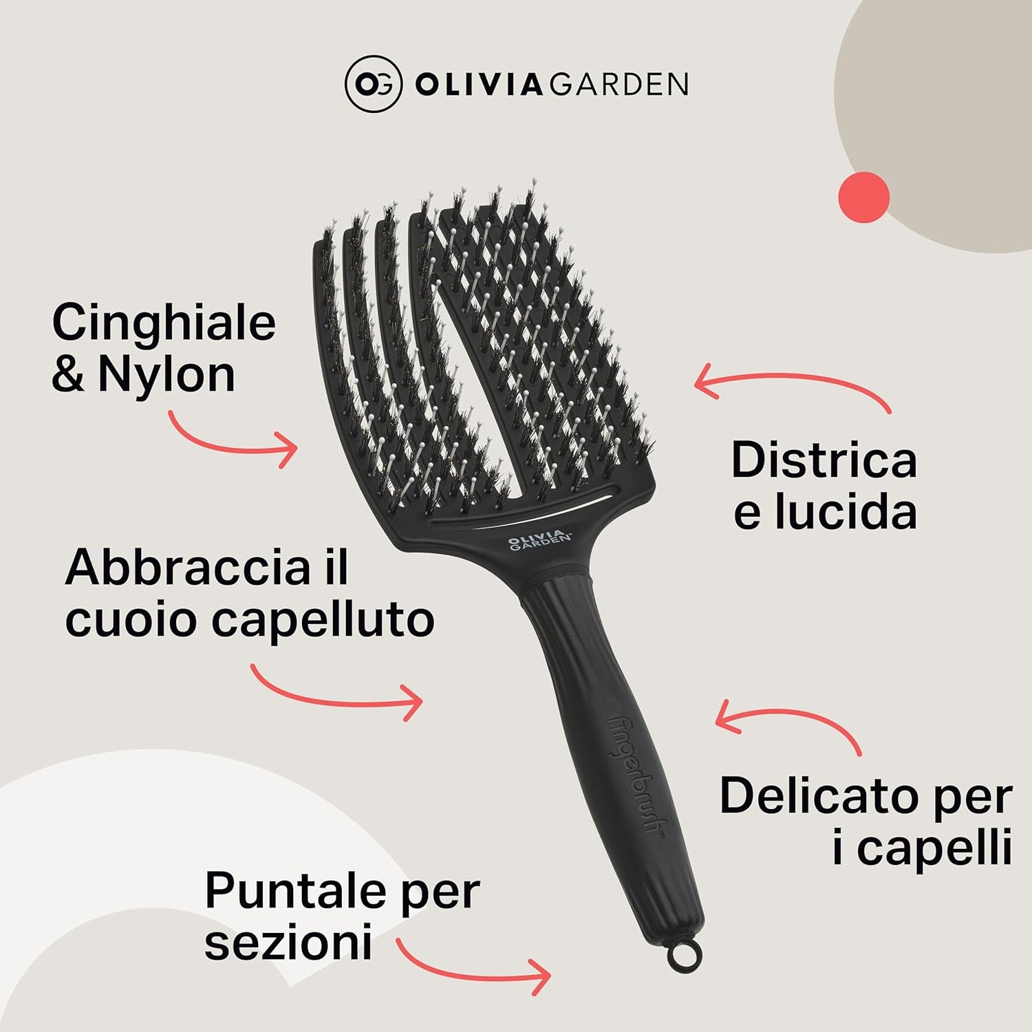 Fingerbrush Care Iconic - Grande - Nero - Spazzola Districante in Setole Di Cinghiale & Nylon per Capelli Sani E Brillanti