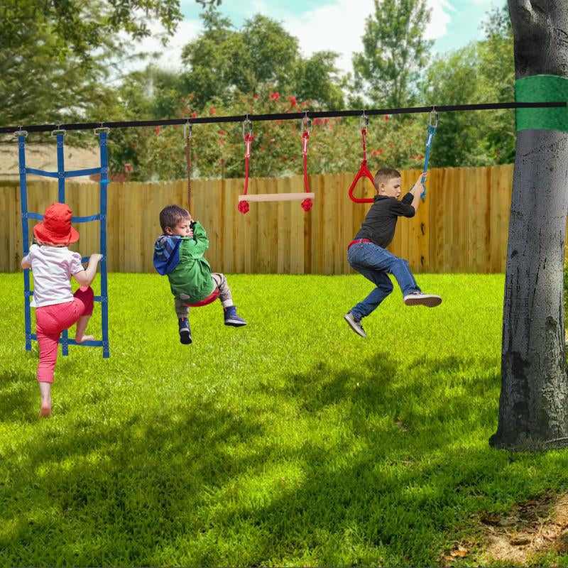 [Dealsforyoudays] MOPHOTO Ninja Obstacle Course for Kids Backyard, 8 Durable Obstacles and 50' Slackline, Outdoor Warrior Obstacle Playset Equipment for Girls & Boys with Swing, Climbing Net, Ladder & Monkey Bars