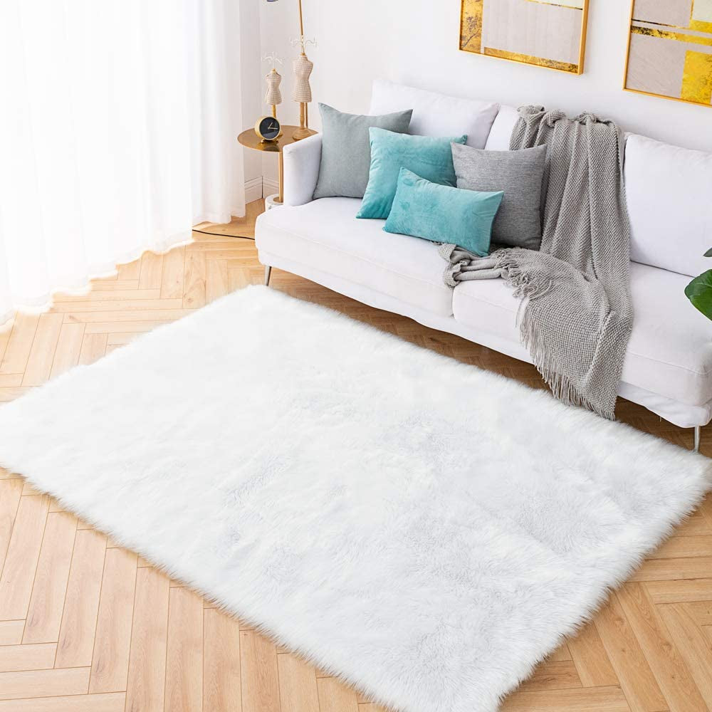 6X9 Large White Shaggy Faux Sheepskin Area Rug – Soft, Luxury White Fur Floor Mat, Bedside Carpet for Bedroom & Living Room