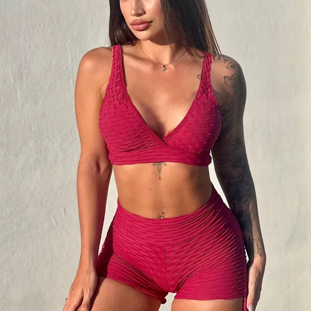 QK 2025 Pad Summer Women 2PCS Scrunch Booty Shorts Yoga Sets Gym Suits Workout Sports Bra Active Wear Outfits Fitness Suits