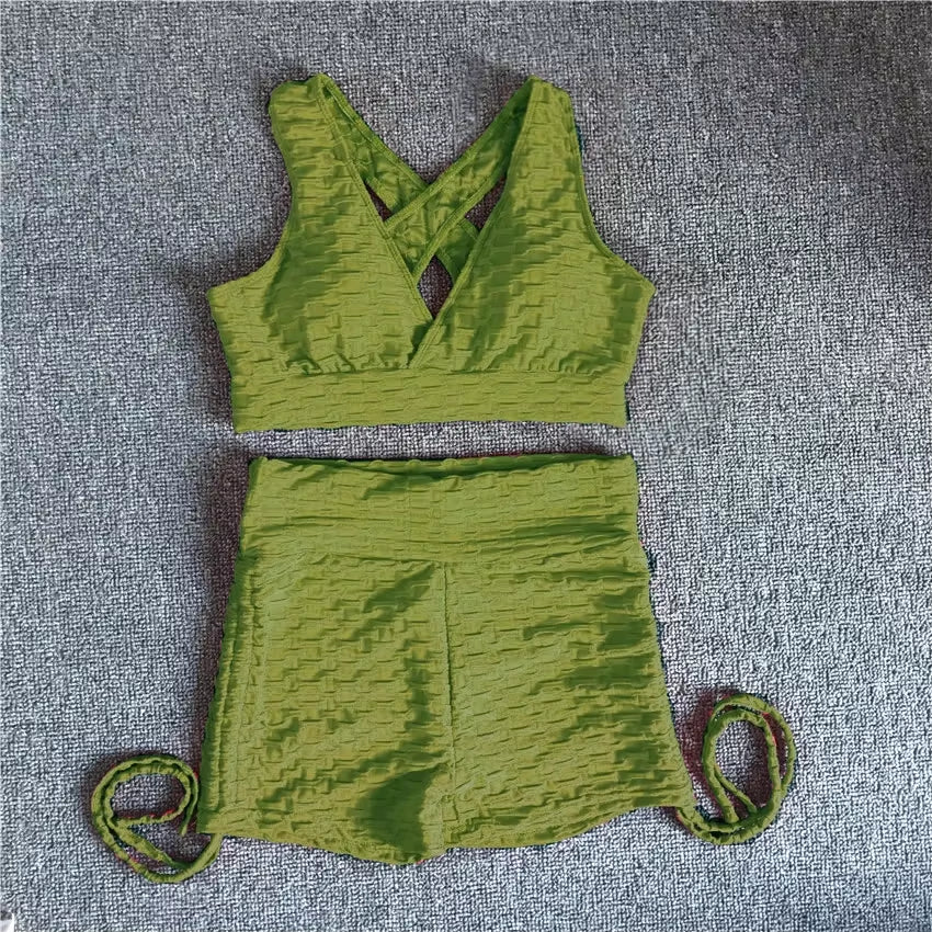 QK 2025 Pad Summer Women 2PCS Scrunch Booty Shorts Yoga Sets Gym Suits Workout Sports Bra Active Wear Outfits Fitness Suits
