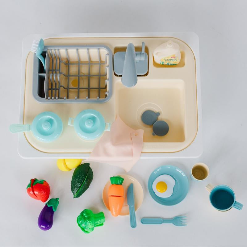 Beright Play Kitchen Sink Toys with Large Bin for Pretend Kitchen Play Learning Toys Toddler Toys Realistic Kitchen Dishwasher Toy Water Circulation System Faucet Tableware Accessories Durable