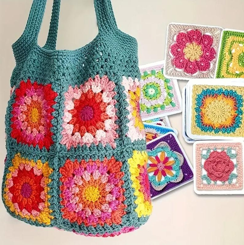 1 Set Crochet Granny Square Kit for Beginners - 50 Mixed Patterns, All-Season Winter Craft Set, Instructional Cards Included, Colorful Paper Material Creative Projects Durable Vibrant