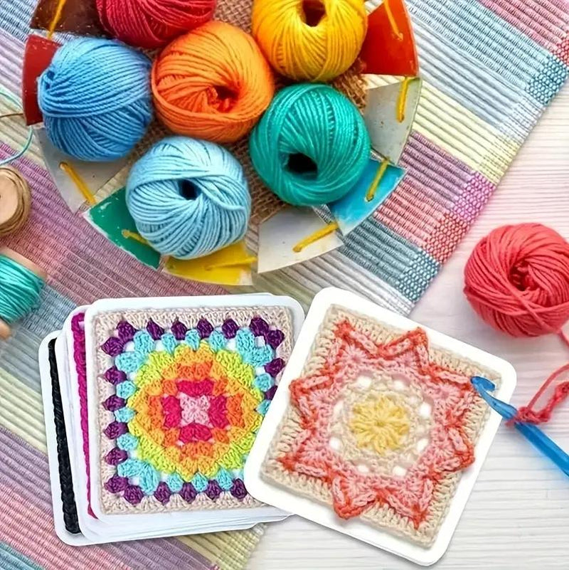 1 Set Crochet Granny Square Kit for Beginners - 50 Mixed Patterns, All-Season Winter Craft Set, Instructional Cards Included, Colorful Paper Material Creative Projects Durable Vibrant