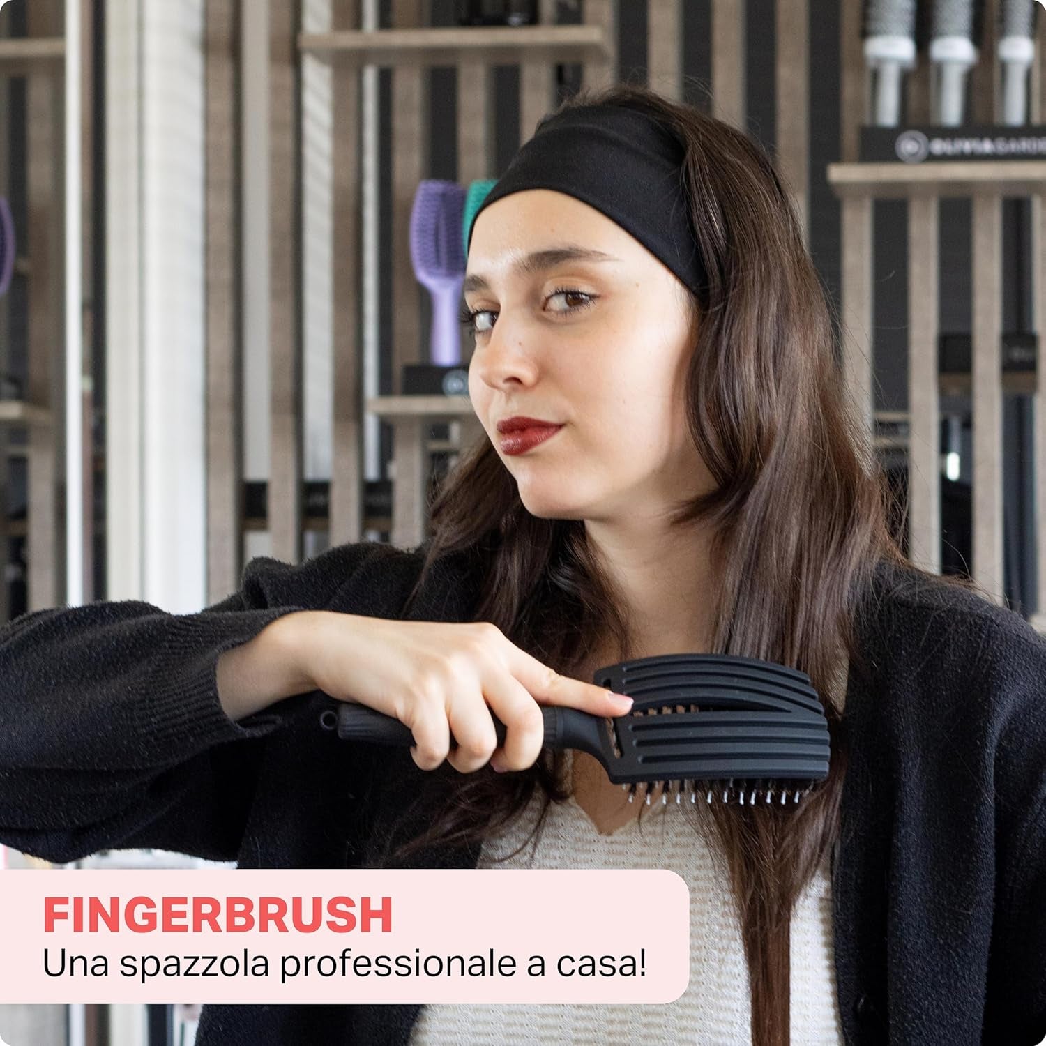 Fingerbrush Care Iconic - Grande - Nero - Spazzola Districante in Setole Di Cinghiale & Nylon per Capelli Sani E Brillanti