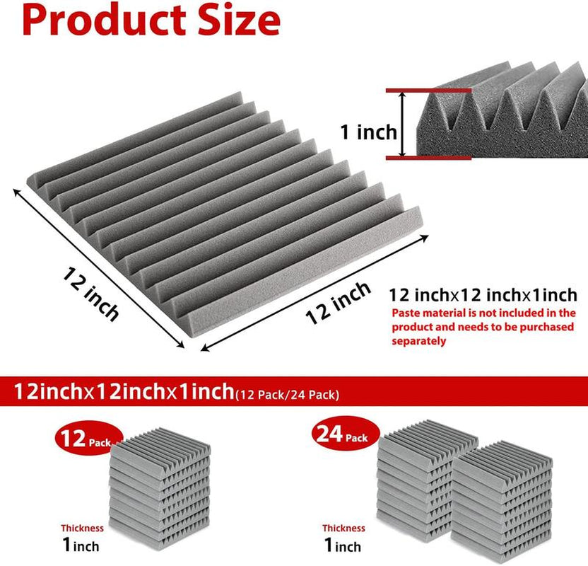 12/24/48PCS 12"X12"X1" Acoustic Foam Panel Wedge Studio Soundproofing Wall Tiles,20Kg/M³Density,For Reading Room Meeting Room Study Library Club Cinema Music Studio Recording