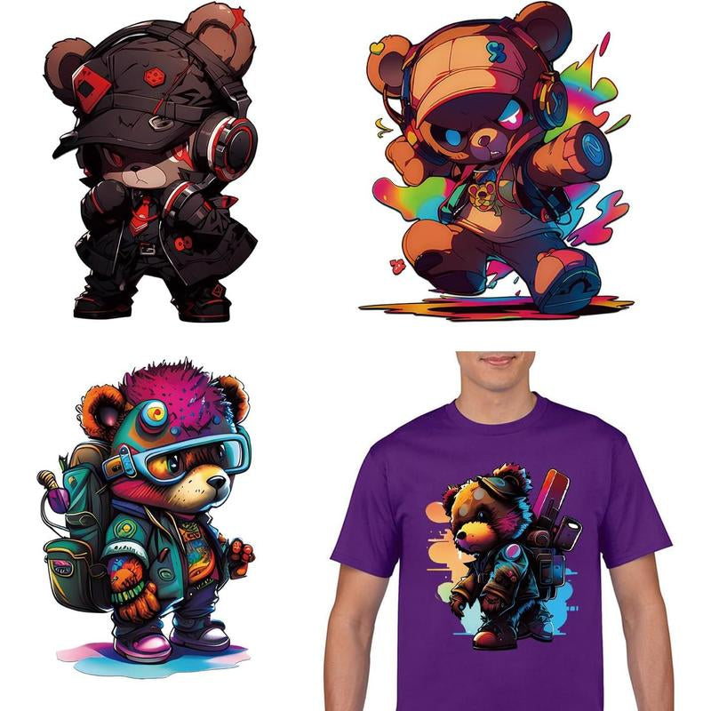 Graffiti Bear Iron on Transfers Decals Urban Cartoon Vinyl Heat Transfer Patch Ready to Press for Street Wear T-Shirts