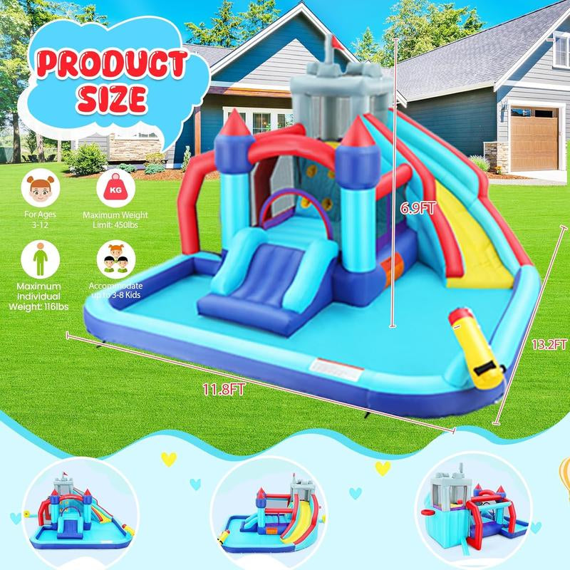 【On Sale】Whubefy Inflatable Bounce House with Slide 10 in 1 Water Slide Park for Kids Aged 3-8,Bounce House Water Slide Gigant Bouncer Wet or Dry, Bouncy House with 550W Blower&Accessories,Large Bouncing Area,Slides,Climbing Wall,Pool,Gifts for Kids