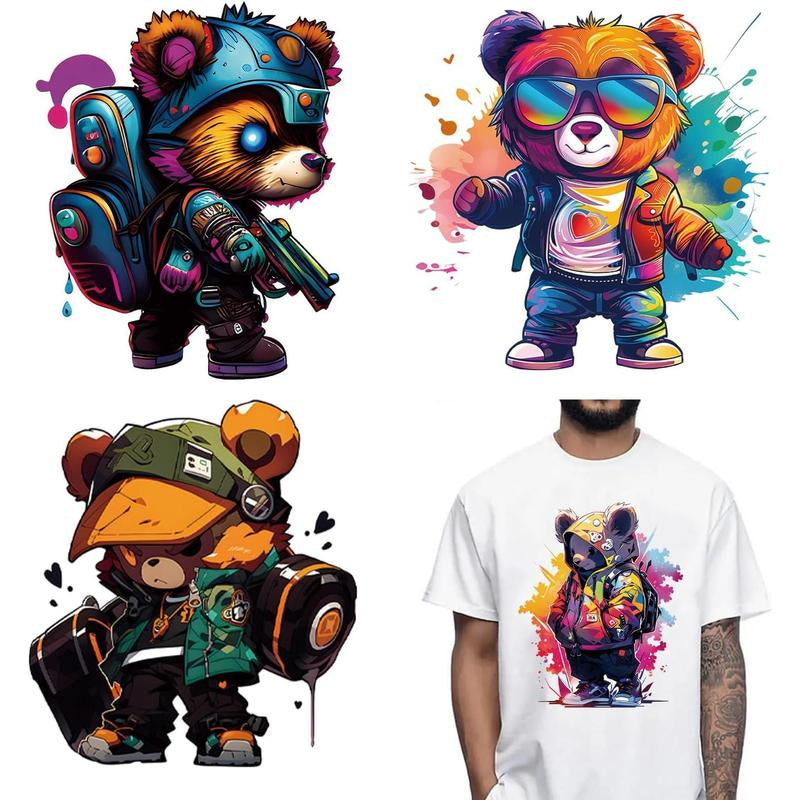 Graffiti Bear Iron on Transfers Decals Urban Cartoon Vinyl Heat Transfer Patch Ready to Press for Street Wear T-Shirts