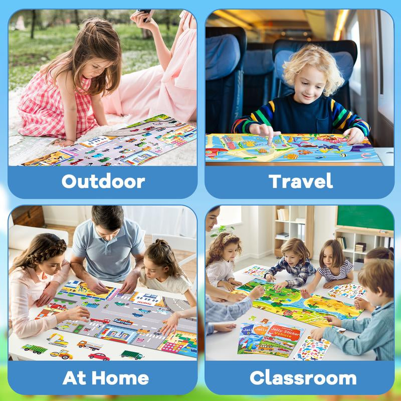 Chiazllta 4 Sets Large Reusable Sticker Books for Toddlers 3-4,Montessori Busy 160Pcs Jelly Stickers, Educational Sticker for Kids 3-5,Travel Toys Activities Crafts Birthdaygifts for Boysgirls35*11Inch（Animal Dinosaur Ocean Vehicle ）