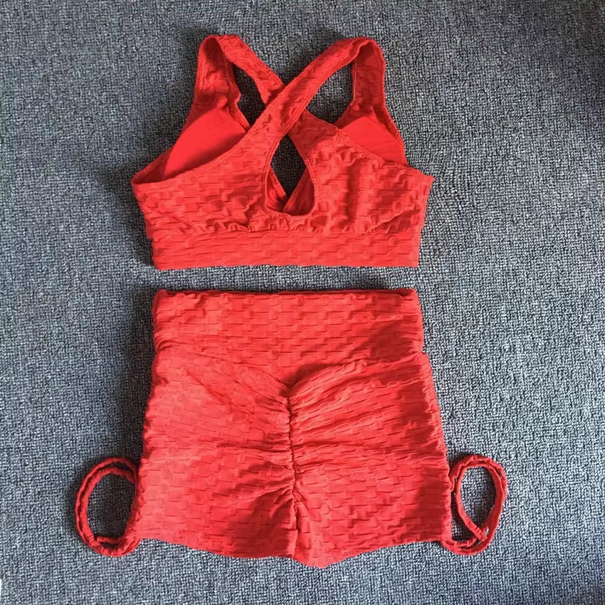 QK 2025 Pad Summer Women 2PCS Scrunch Booty Shorts Yoga Sets Gym Suits Workout Sports Bra Active Wear Outfits Fitness Suits