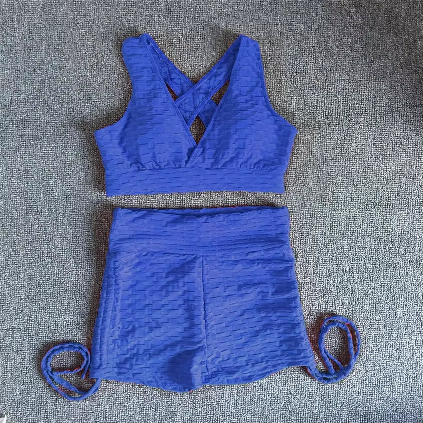 QK 2025 Pad Summer Women 2PCS Scrunch Booty Shorts Yoga Sets Gym Suits Workout Sports Bra Active Wear Outfits Fitness Suits