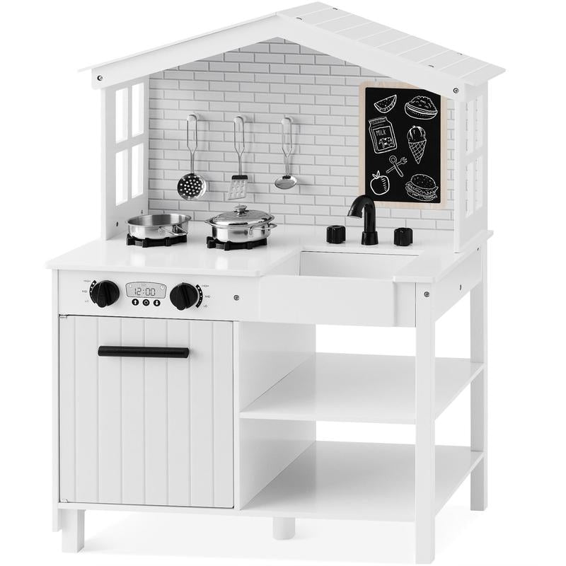 Best Choice Products Pretend Play Wooden Farmhouse Kitchen Set W/ Storage, Clicking Knobs, 5 Accessories