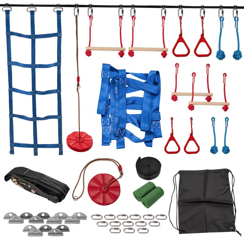 [Dealsforyoudays] MOPHOTO Ninja Obstacle Course for Kids Backyard, 8 Durable Obstacles and 50' Slackline, Outdoor Warrior Obstacle Playset Equipment for Girls & Boys with Swing, Climbing Net, Ladder & Monkey Bars