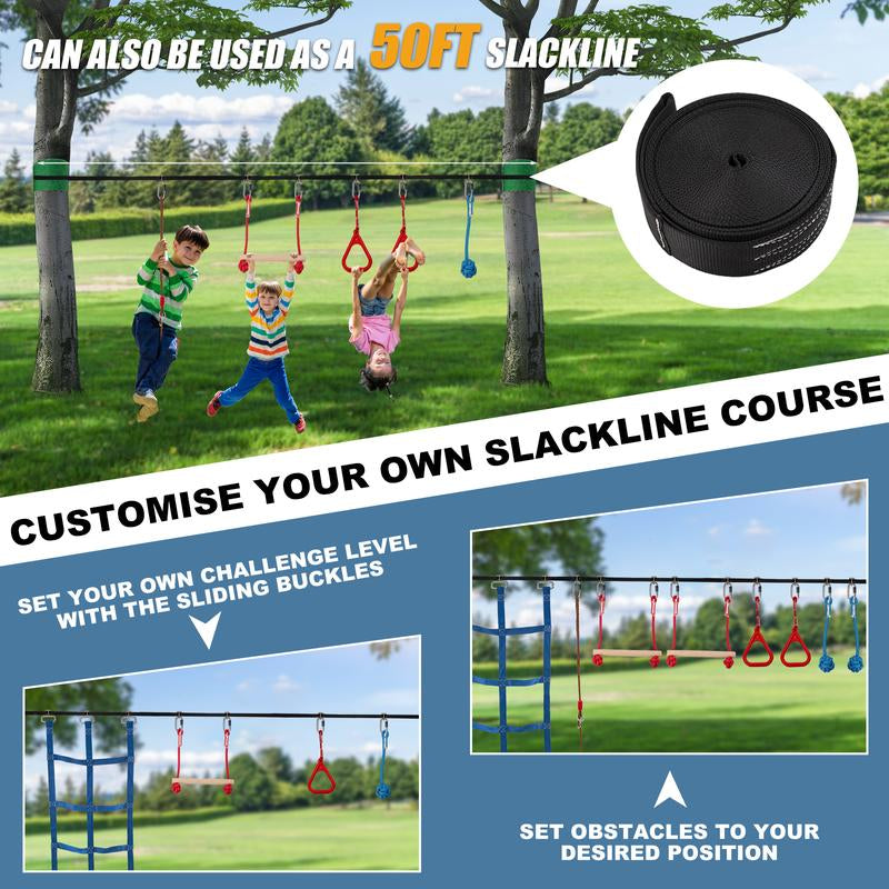 [Dealsforyoudays] MOPHOTO Ninja Obstacle Course for Kids Backyard, 8 Durable Obstacles and 50' Slackline, Outdoor Warrior Obstacle Playset Equipment for Girls & Boys with Swing, Climbing Net, Ladder & Monkey Bars