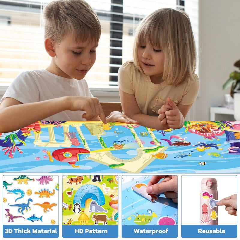 Chiazllta 4 Sets Large Reusable Sticker Books for Toddlers 3-4,Montessori Busy 160Pcs Jelly Stickers, Educational Sticker for Kids 3-5,Travel Toys Activities Crafts Birthdaygifts for Boysgirls35*11Inch（Animal Dinosaur Ocean Vehicle ）
