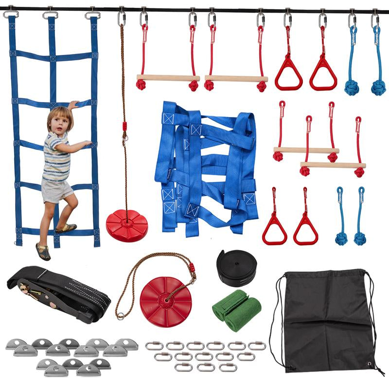 [Dealsforyoudays] MOPHOTO Ninja Obstacle Course for Kids Backyard, 8 Durable Obstacles and 50' Slackline, Outdoor Warrior Obstacle Playset Equipment for Girls & Boys with Swing, Climbing Net, Ladder & Monkey Bars