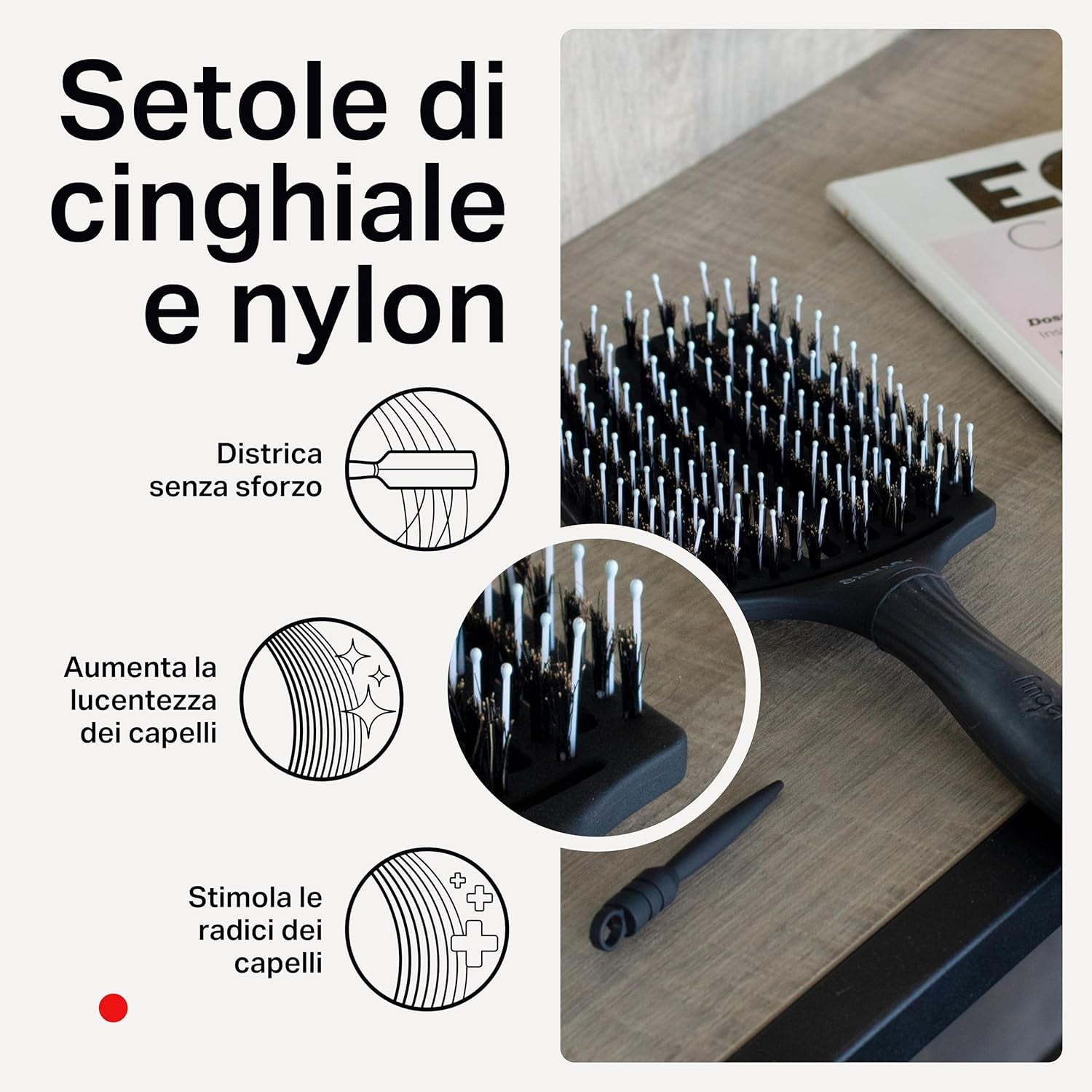 Fingerbrush Care Iconic - Grande - Nero - Spazzola Districante in Setole Di Cinghiale & Nylon per Capelli Sani E Brillanti