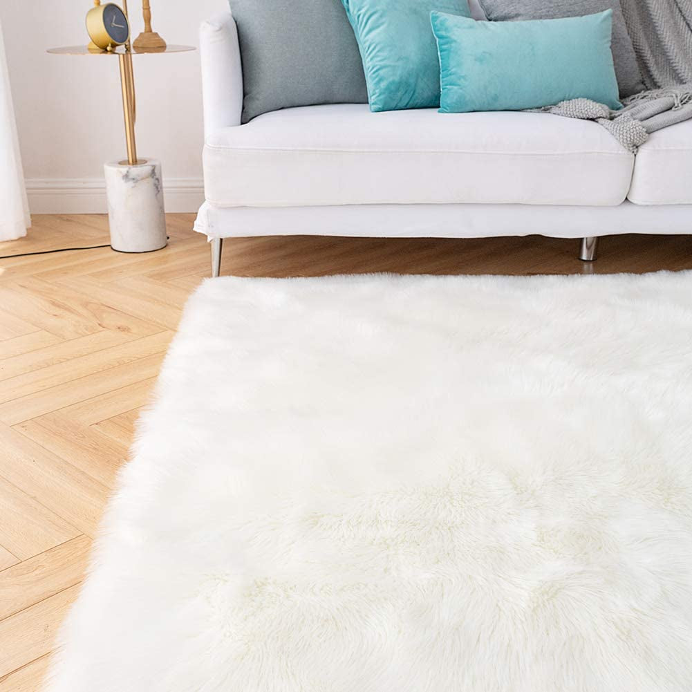 6X9 Large White Shaggy Faux Sheepskin Area Rug – Soft, Luxury White Fur Floor Mat, Bedside Carpet for Bedroom & Living Room