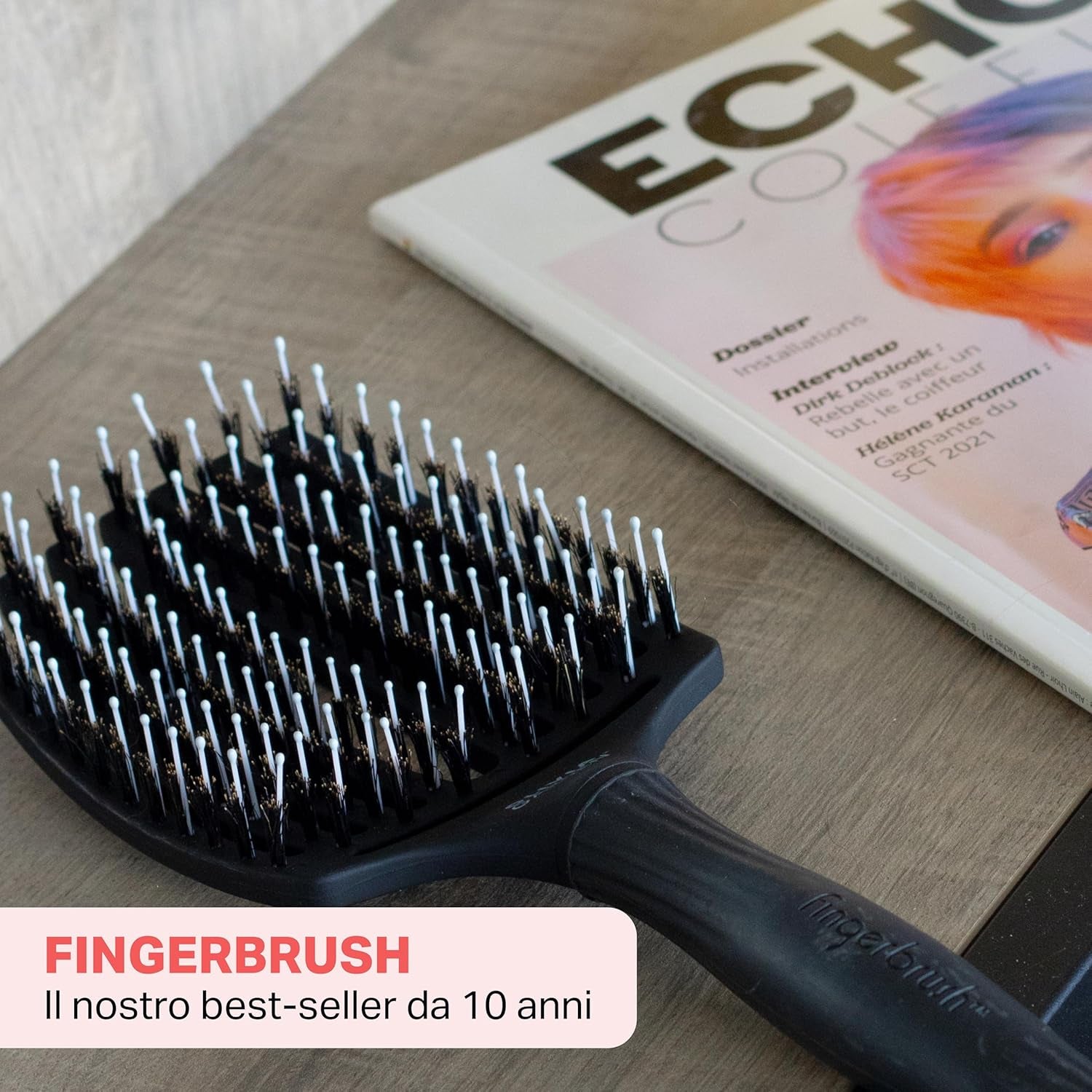 Fingerbrush Care Iconic - Grande - Nero - Spazzola Districante in Setole Di Cinghiale & Nylon per Capelli Sani E Brillanti