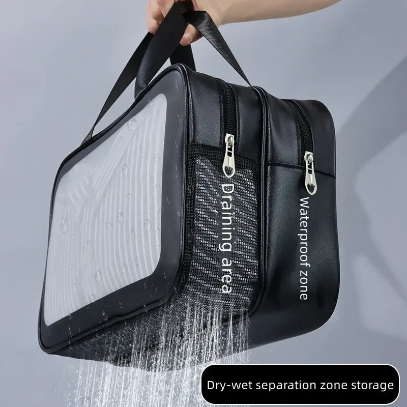 Dry-wet separation double transparent PU makeup bag portable washing bag cosmetic storage bag travel fitness swimming essentials - Dropease
