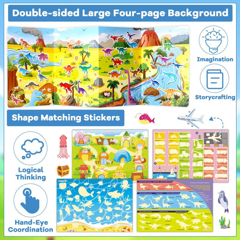 Chiazllta 4 Sets Large Reusable Sticker Books for Toddlers 3-4,Montessori Busy 160Pcs Jelly Stickers, Educational Sticker for Kids 3-5,Travel Toys Activities Crafts Birthdaygifts for Boysgirls35*11Inch（Animal Dinosaur Ocean Vehicle ）