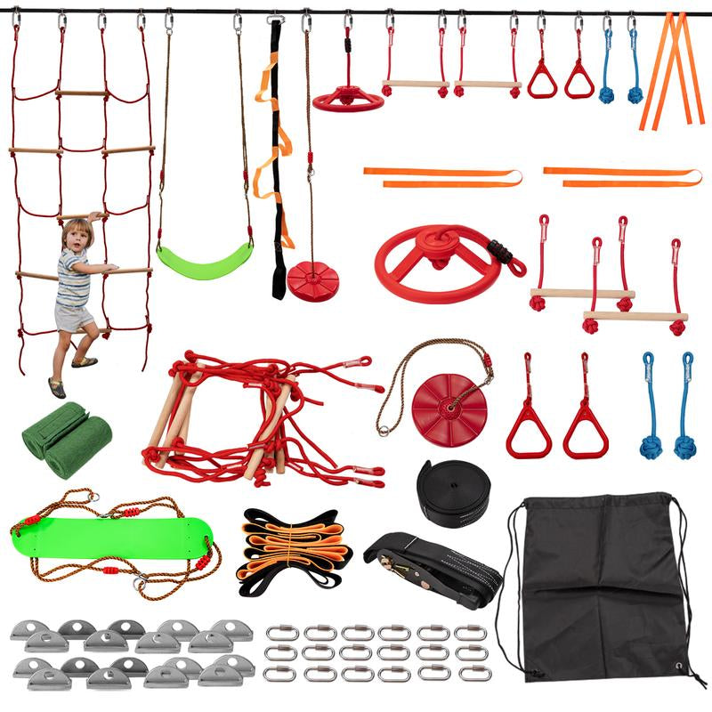 [Dealsforyoudays] MOPHOTO Ninja Obstacle Course for Kids Backyard, 8 Durable Obstacles and 50' Slackline, Outdoor Warrior Obstacle Playset Equipment for Girls & Boys with Swing, Climbing Net, Ladder & Monkey Bars