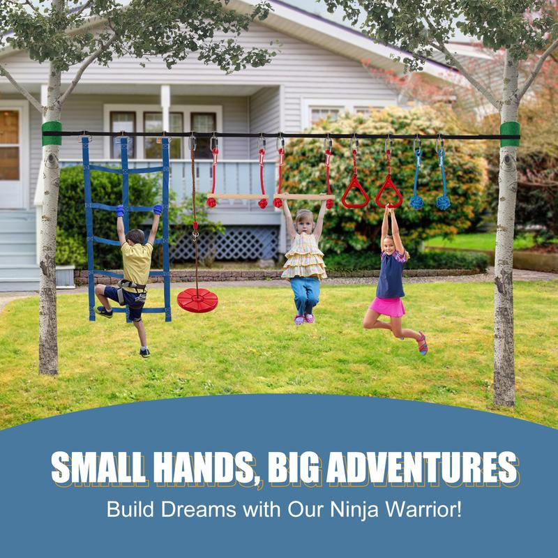 [Dealsforyoudays] MOPHOTO Ninja Obstacle Course for Kids Backyard, 8 Durable Obstacles and 50' Slackline, Outdoor Warrior Obstacle Playset Equipment for Girls & Boys with Swing, Climbing Net, Ladder & Monkey Bars