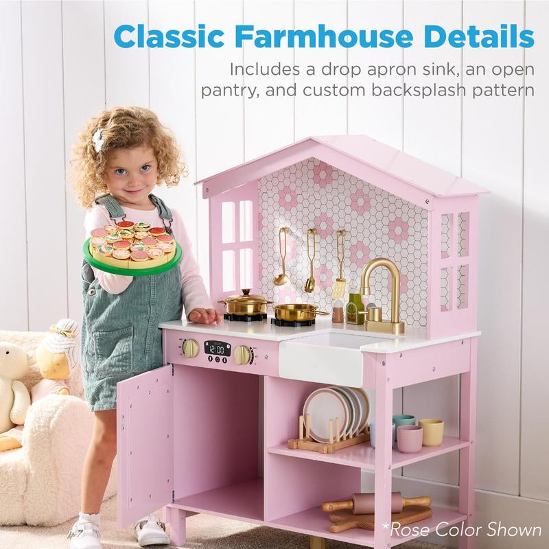 Best Choice Products Pretend Play Wooden Farmhouse Kitchen Set W/ Storage, Clicking Knobs, 5 Accessories