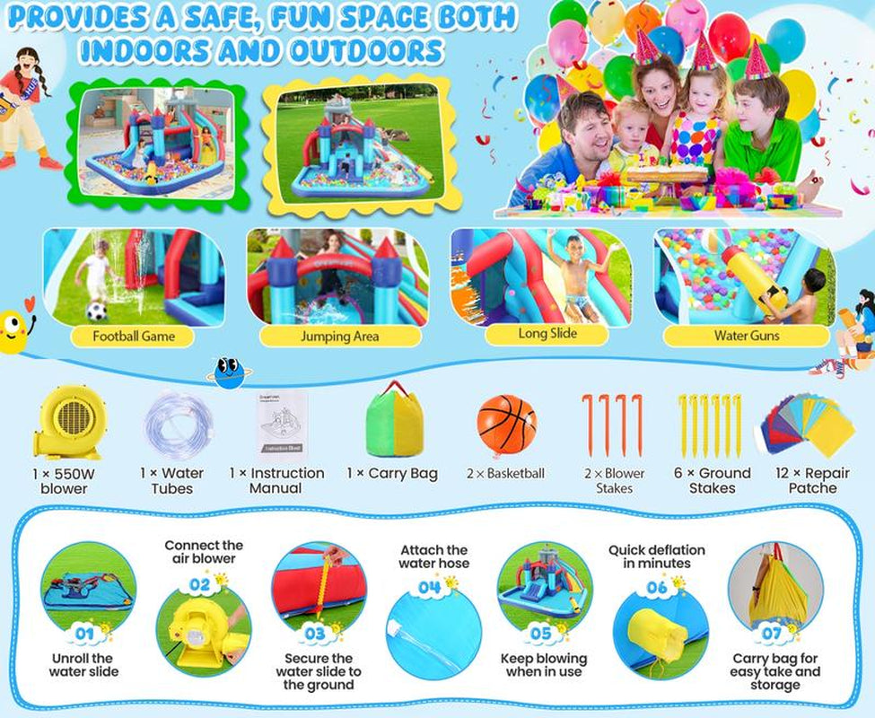 【On Sale】Whubefy Inflatable Bounce House with Slide 10 in 1 Water Slide Park for Kids Aged 3-8,Bounce House Water Slide Gigant Bouncer Wet or Dry, Bouncy House with 550W Blower&Accessories,Large Bouncing Area,Slides,Climbing Wall,Pool,Gifts for Kids