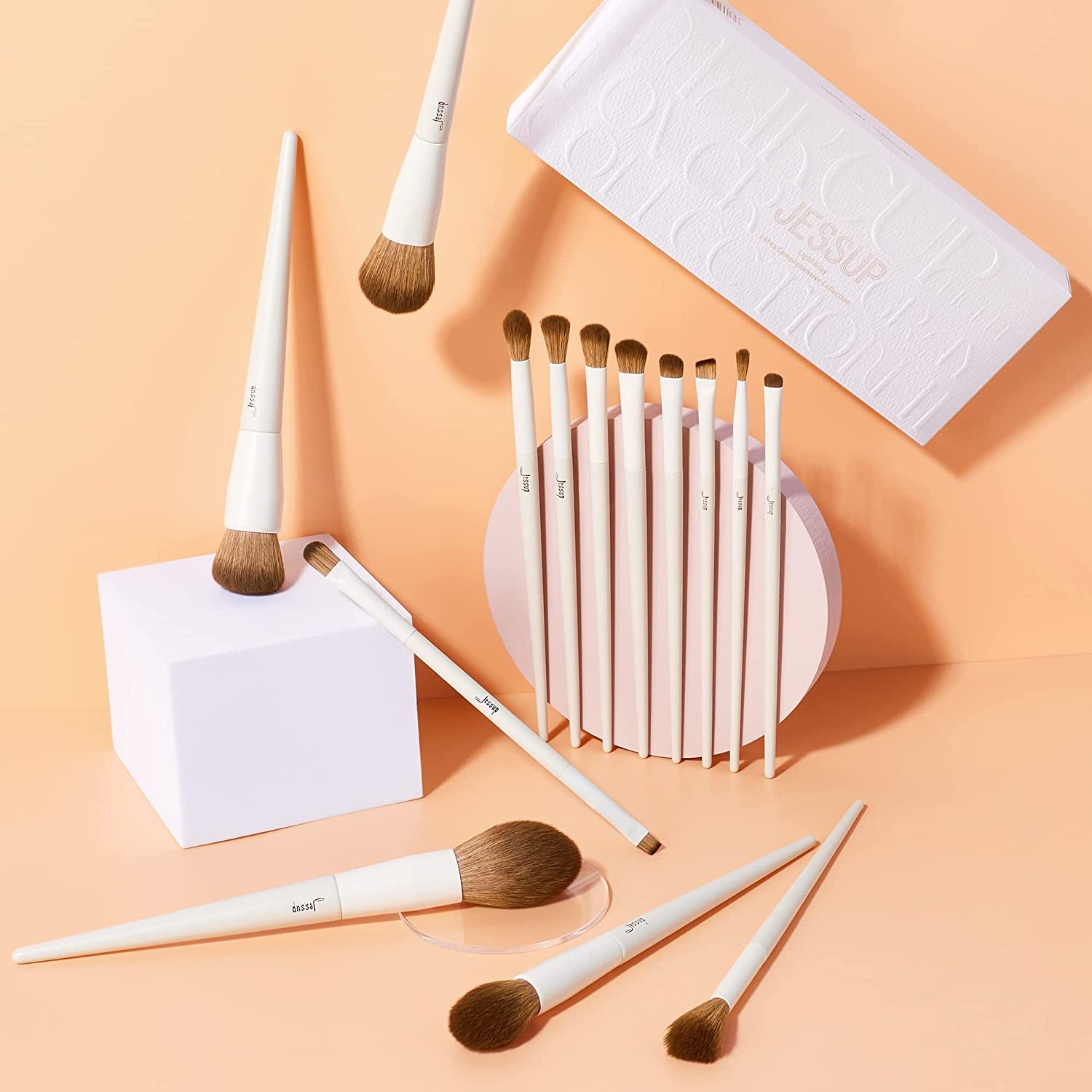 Pennelli Da Trucco, 14 Pezzi, Pennelli Sintetici Di Alta Qualità, per Contouring, Correttore, Fondotinta, Ombretto, Sfumatura, Cipria, Fard, Grigio Chiaro, T329