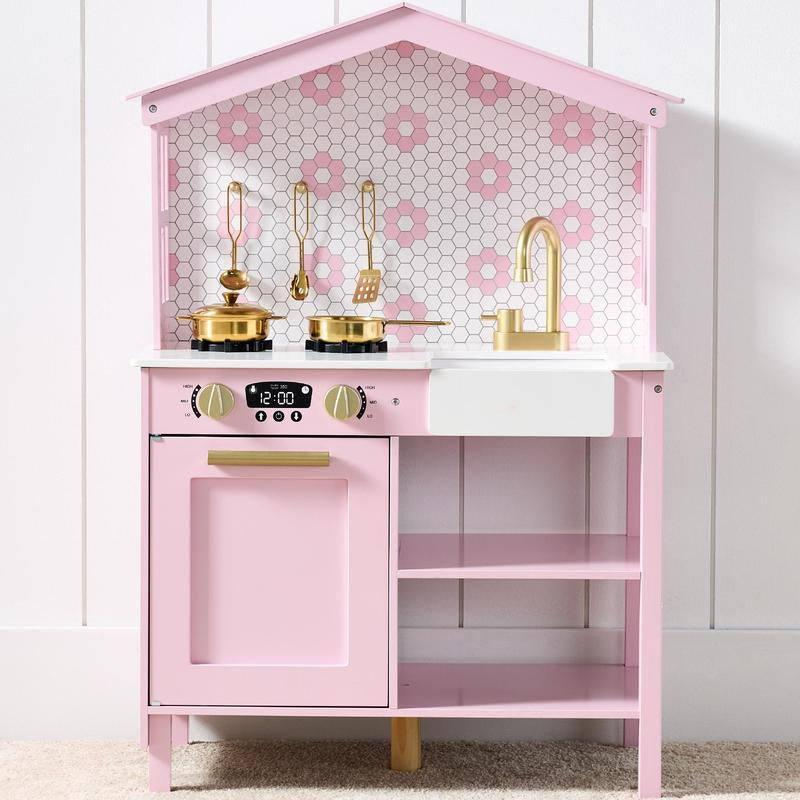 Best Choice Products Pretend Play Wooden Farmhouse Kitchen Set W/ Storage, Clicking Knobs, 5 Accessories
