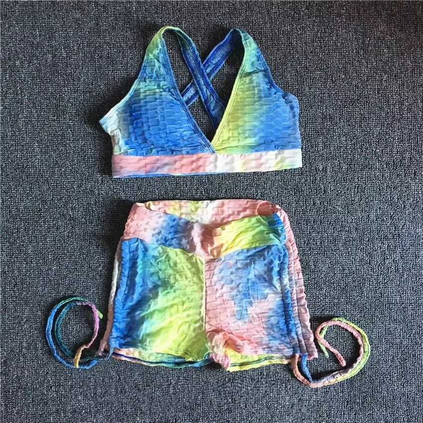 QK 2025 Pad Summer Women 2PCS Scrunch Booty Shorts Yoga Sets Gym Suits Workout Sports Bra Active Wear Outfits Fitness Suits