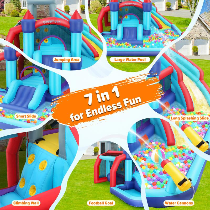 【On Sale】Whubefy Inflatable Bounce House with Slide 10 in 1 Water Slide Park for Kids Aged 3-8,Bounce House Water Slide Gigant Bouncer Wet or Dry, Bouncy House with 550W Blower&Accessories,Large Bouncing Area,Slides,Climbing Wall,Pool,Gifts for Kids