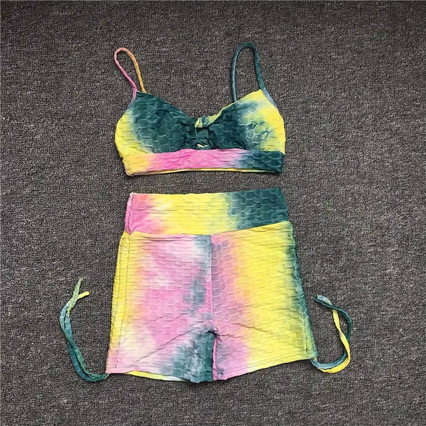 QK 2025 Pad Summer Women 2PCS Scrunch Booty Shorts Yoga Sets Gym Suits Workout Sports Bra Active Wear Outfits Fitness Suits