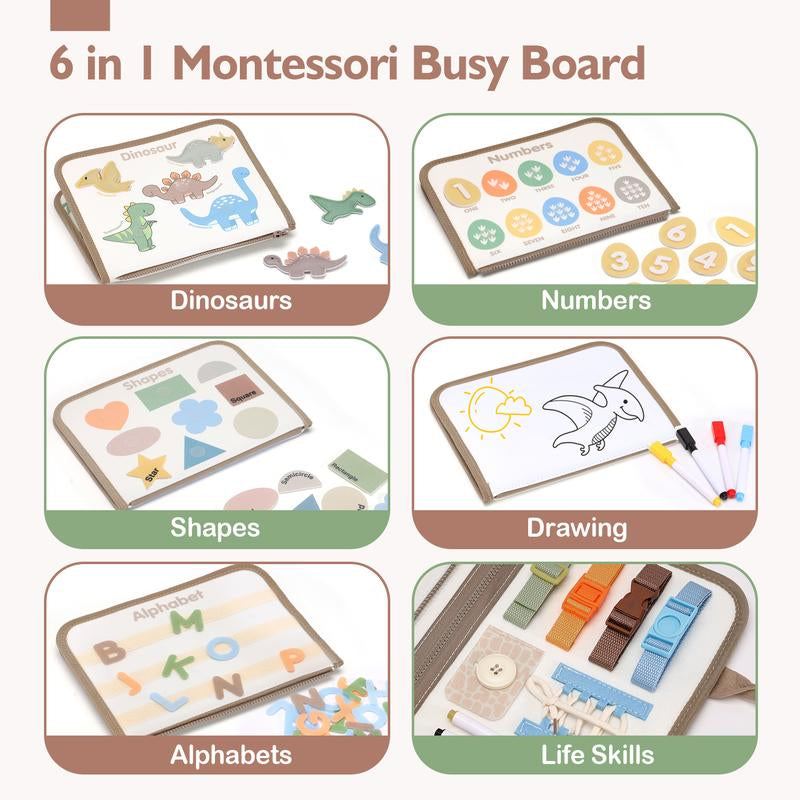 Hahaland Montessori Busy Board for Toddlers 2-4 Muted Color Dinosaur Theme - 2 Year Old Boy Toys Birthday Gift - Travel Toys - Dinosaur, Alphabet, Number, Shape, Drawing, Life Skills