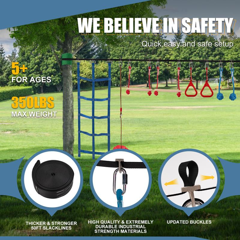 [Dealsforyoudays] MOPHOTO Ninja Obstacle Course for Kids Backyard, 8 Durable Obstacles and 50' Slackline, Outdoor Warrior Obstacle Playset Equipment for Girls & Boys with Swing, Climbing Net, Ladder & Monkey Bars