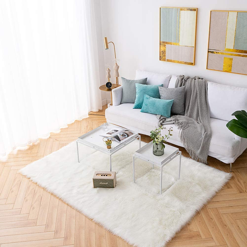 6X9 Large White Shaggy Faux Sheepskin Area Rug – Soft, Luxury White Fur Floor Mat, Bedside Carpet for Bedroom & Living Room