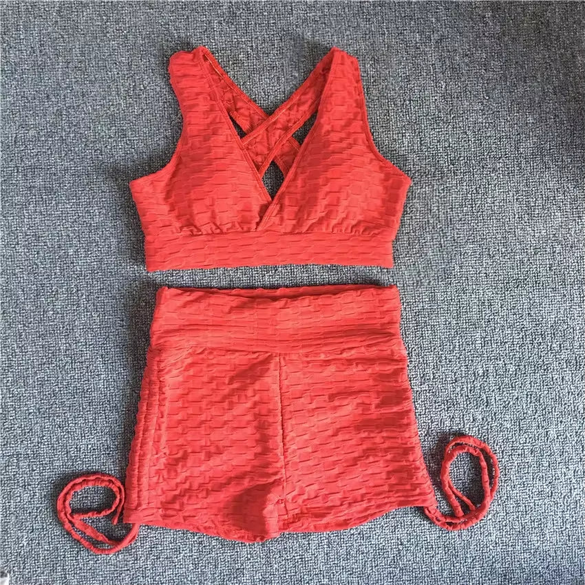 QK 2025 Pad Summer Women 2PCS Scrunch Booty Shorts Yoga Sets Gym Suits Workout Sports Bra Active Wear Outfits Fitness Suits